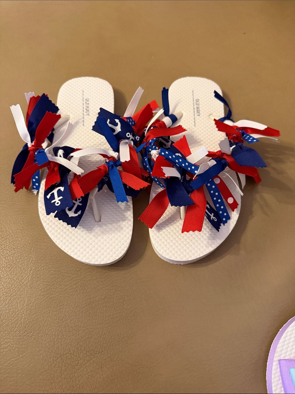 Old Navy Kids White Flip-Flops with Red, Blue & White Ribbon Tassels